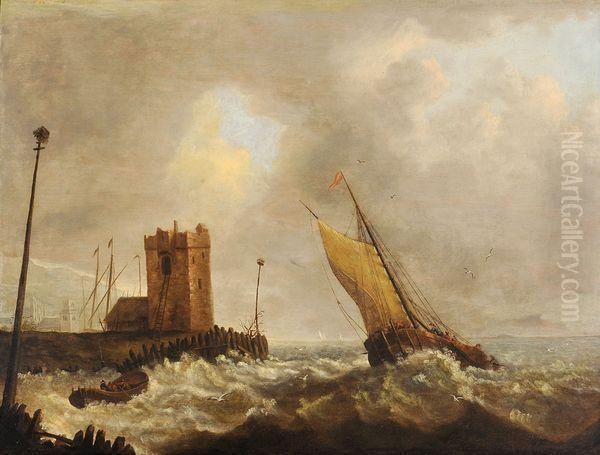 Bateau Aux Abords D'une Jetee Oil Painting by Jan Porcellis