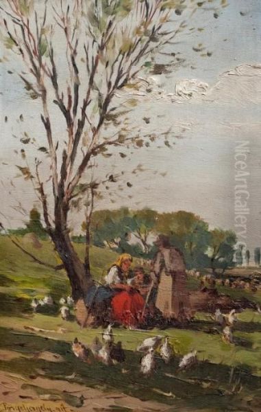 Campesinos Con Gallinas Oil Painting by Gergely Porge