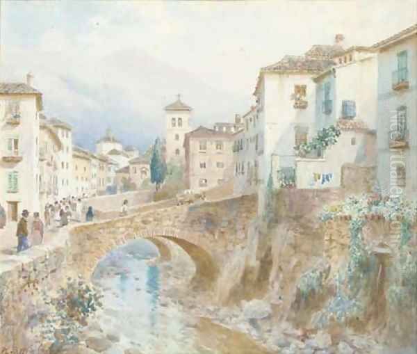 Figures by a bridge at Granada, Spain Oil Painting by Henry B. Wimbush