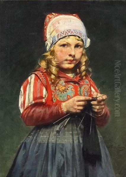 A Girl Knitting Oil Painting by Rudolf Possin