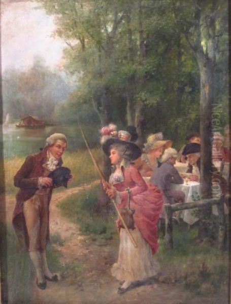 Figures Picnicking In A Landscape Oil Painting by Laslett John Pott