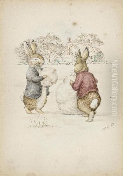 Building A Snowman Oil Painting by Helen Beatrix Potter