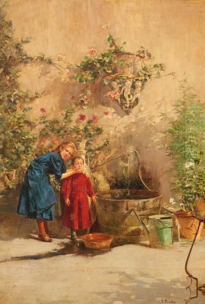 Bebiendo Agua En El Patio Oil Painting by Vicente Poveda Y Juan