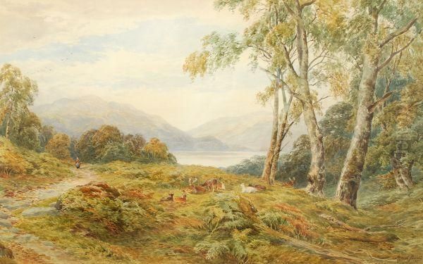 Deer Resting In A Loch Landscape Oil Painting by Alfred Powell