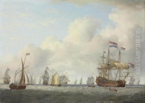 Dutch Men-o'-war And Other Vessels In A Fresh Breeze Oil Painting by Charles Martin Powell