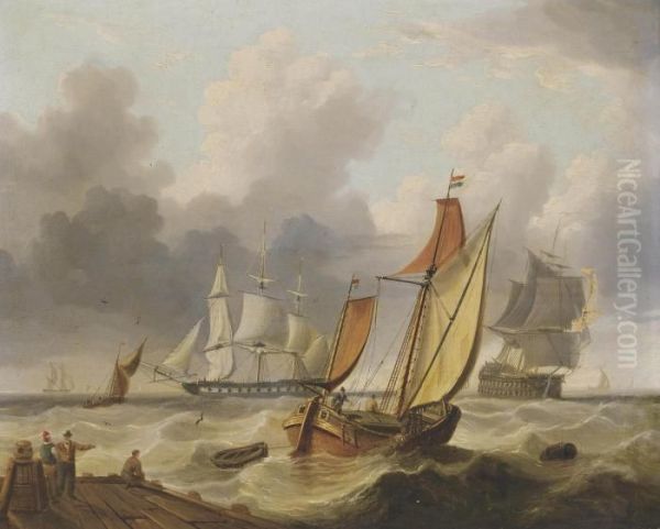 A Frigate And Other Shipping In A Stiff Breeze Off The Harbour Mouth Oil Painting by Charles Martin Powell