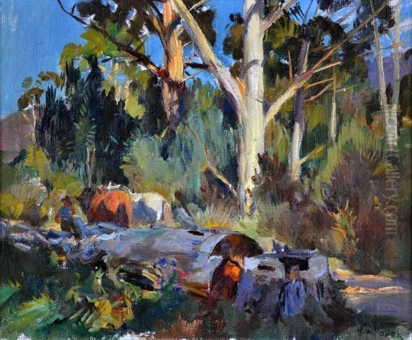  fallen Tree Mill Team  Oil Painting by Harold Septimus Power