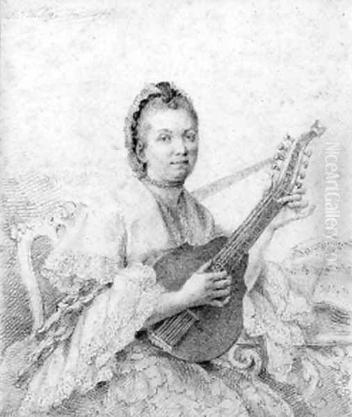 Portrait of a lady, three-quarter length, seated, playing a mandolin Oil Painting by Thomas Worlidge