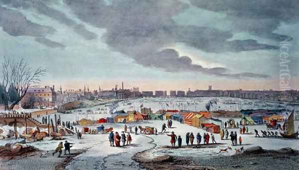 Frost Fair on the River Thames near the Temple Stairs in 1683-84, engraved by James Stow (1770-c.1820), pub. 1825 by Robert Wilkinson Oil Painting by Wyke, Thomas