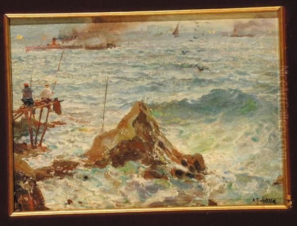 Pescatori Nel Golfo Di Napoli Oil Painting by Attilio Pratella