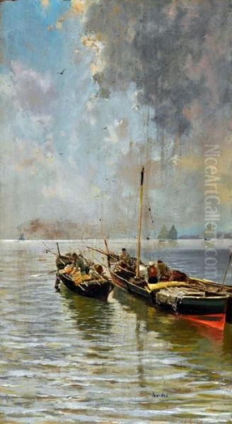 Marina Con Pescatori Oil Painting by Attilio Pratella