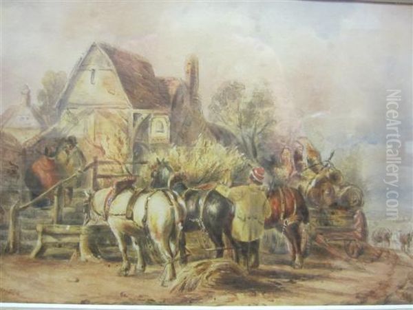 Heavy Horses Outside A Village Inn Oil Painting by James Price