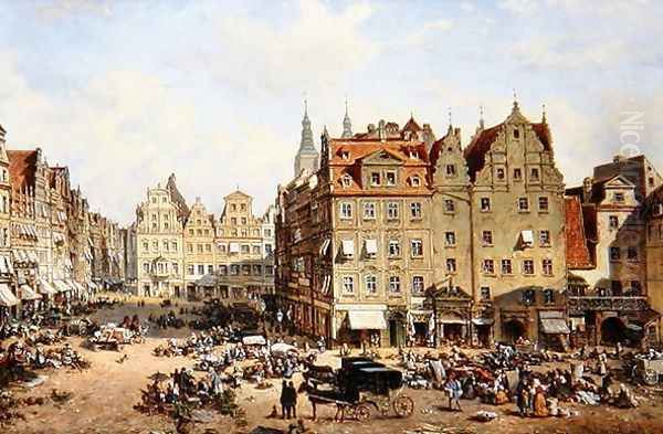 The Market in Wroclaw, 1877 Oil Painting by Adelbert Wolfl