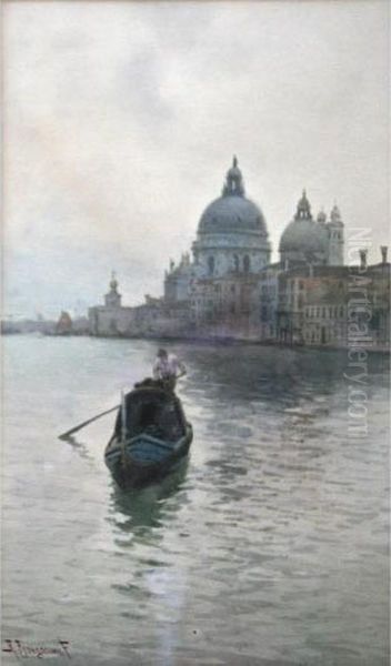 A Gondolier Near The S.maria Della Salute, Venice Oil Painting by Alberto Prosdocimi