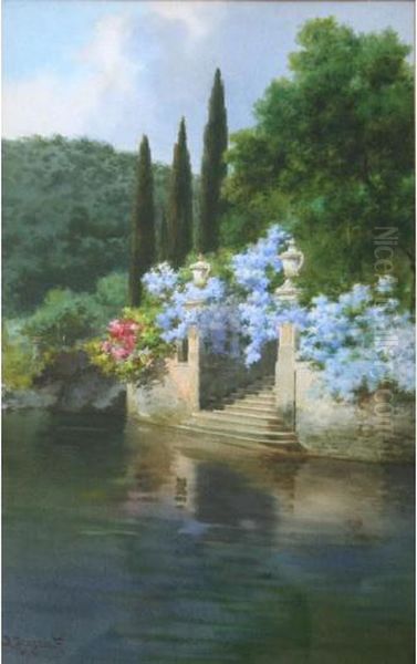 A Waterfront Garden Oil Painting by Alberto Prosdocimi