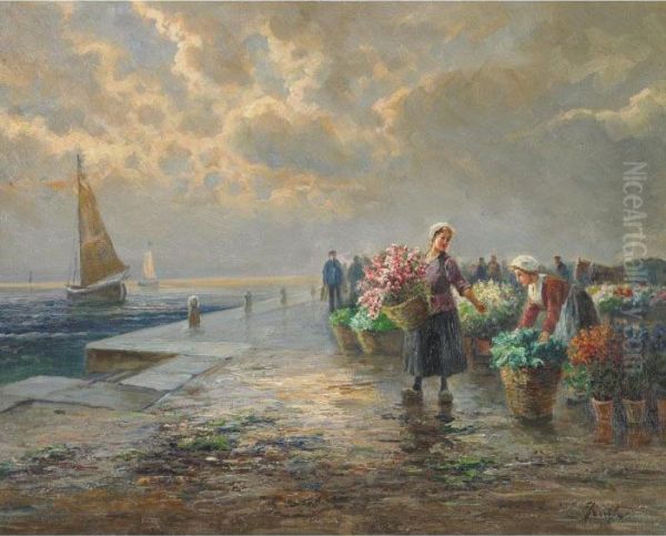 Flower Market On The Dutch Coast Oil Painting by Gustav Prucha