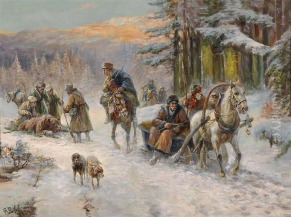 After The Bear Hunt Oil Painting by Gustav Prucha