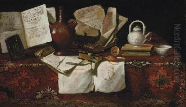 An Earthenware Jug, Books, A Silver Teapot And An Inkwell On A Draped Table Oil Painting by Pseudo Roestraten