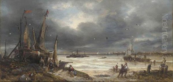 Fisherfolk Working On The Shore Oil Painting by John Anthony Puller