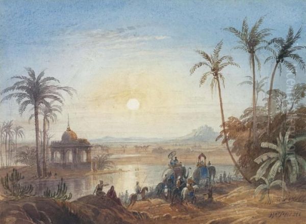 Promenade With Elephants In India Oil Painting by William Purser