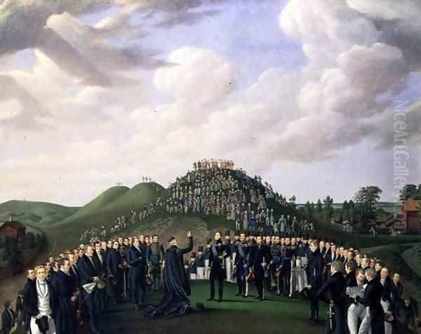 King Carl XIV Johan (1763-1844) of Sweden Visiting the Mounds at Old Uppsala in 1834, 1836 Oil Painting by Johan Way