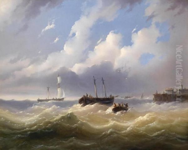 Ships On A Stormy Sea Oil Painting by Josef Carl Berthold Puttner