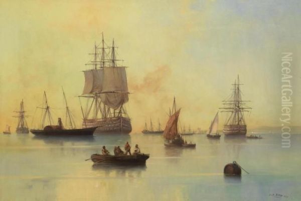 Sailing Boats And Paddle Steamer By The Coast Oil Painting by Josef Carl Berthold Puttner