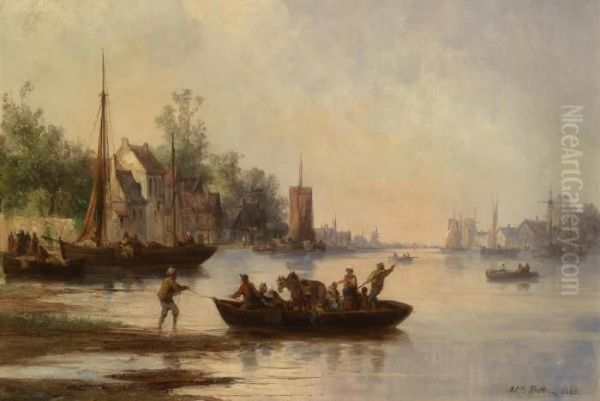 Fishermen On The Canal Oil Painting by Josef Carl Berthold Puttner