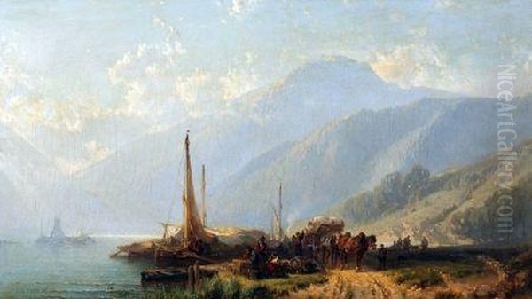 Figures Unloading Barges In An Alpine Landscape Oil Painting by James Baker Pyne