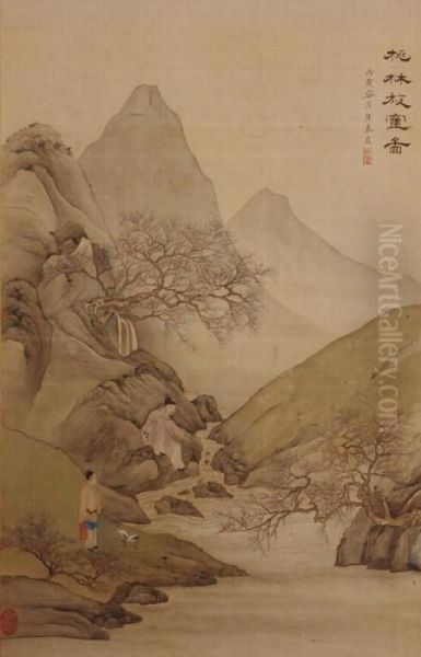 Figures In A Landscape Oil Painting by Qing Dynasty, Qianlong Period