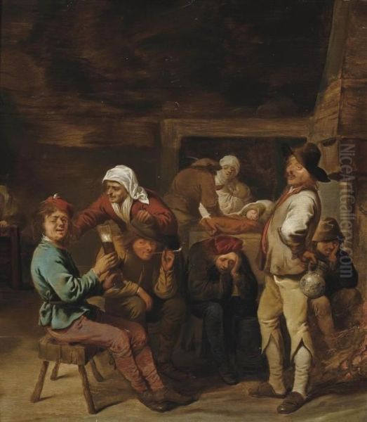 A Tavern Interior With Peasants Drinking And Smoking Beside A Fire Oil Painting by Pieter Jansz. Quast