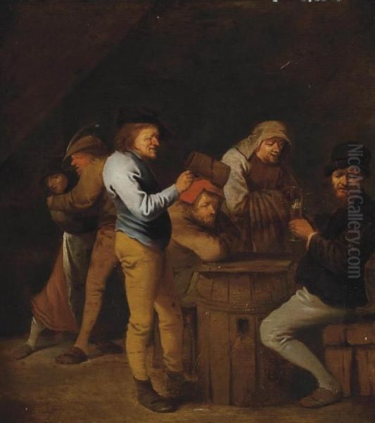 A Tavern Interior With Peasants Drinking Oil Painting by Pieter Jansz. Quast