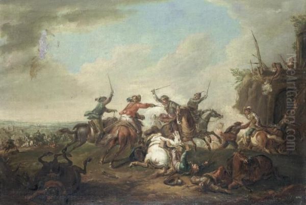 Two Cavalry Skirmishes Oil Painting by August Querfurt