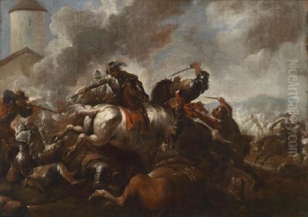 A Cavalry Engagement Oil Painting by August Querfurt