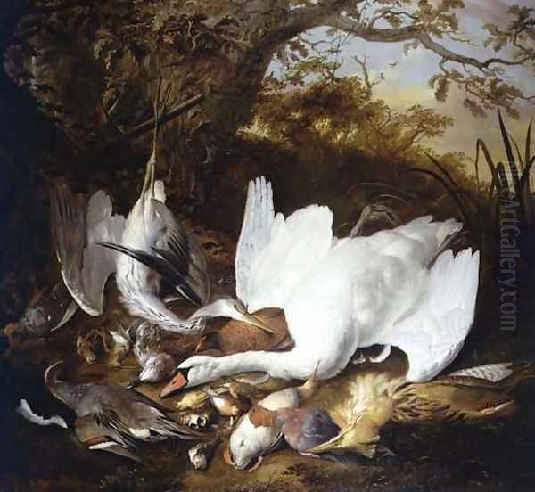 Still Life of Swan and Game in a Landscape Oil Painting by Jan de Wit