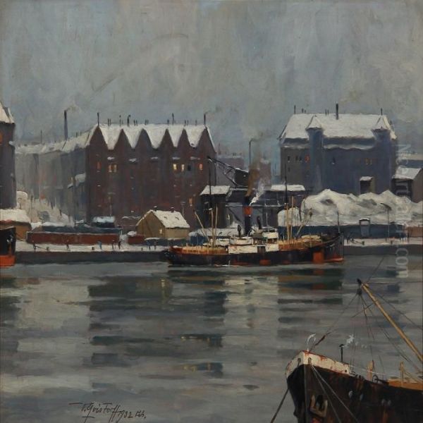 Winter Day In Copenhagen Habour Oil Painting by Victor H.W. Qvistorff