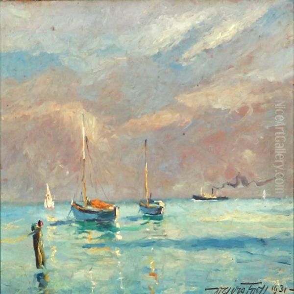 Seascape With Sailing Boats On Open Sea by Victor H.W. Qvistorff