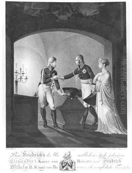 Near the ashes of Friederick II the Great of Prussia (1712-86), Tsar Alexander I (1777-1825) and King Friedrich Wilhelm III of Prussia (1770-1840) swearing immortal friendship, at Potsdam in the night of 4th to 5th November 1805, 1807 Oil Painting by Ulrich Ludwig Wolf