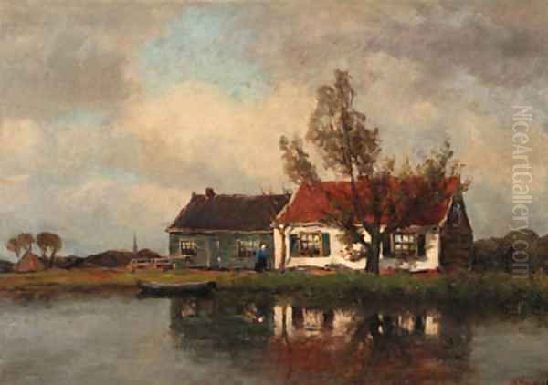 A farm along a river Oil Painting by Jan Hillebrand Wijsmuller