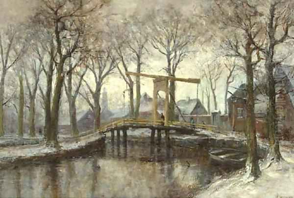 Figures on a drawbridge in winter by a village Oil Painting by Jan Hillebrand Wijsmuller