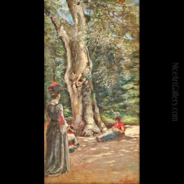 Giardino Parigino Con Figure Femminile Oil Painting by Raffaele Ragione