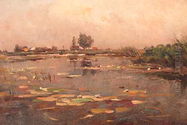 View of a polder pond Oil Painting by Jan Hillebrand Wijsmuller