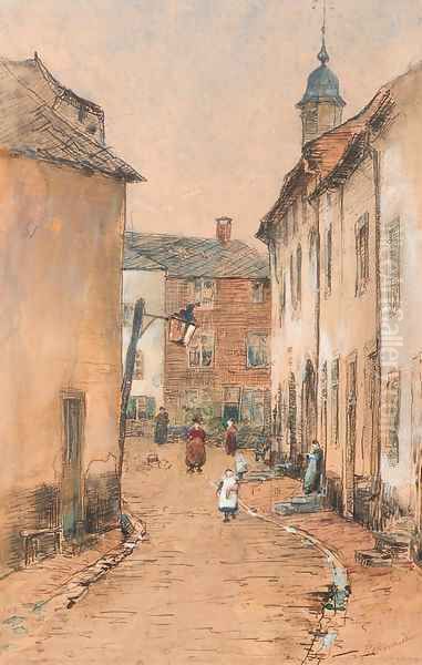 Villagers in a street Oil Painting by Jan Hillebrand Wijsmuller