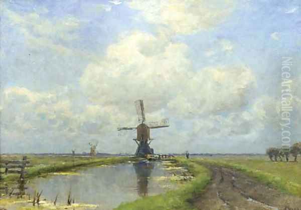 Windmills in a polder landscape Oil Painting by Jan Hillebrand Wijsmuller