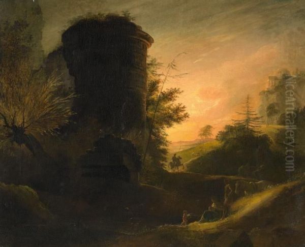 Sunset Over A Panoramic Landscape With Ruins And Figures Oil Painting by Johann Heinrich Ramberg