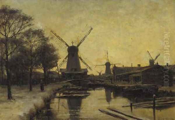 Windmills in winter Oil Painting by Jan Hillebrand Wijsmuller