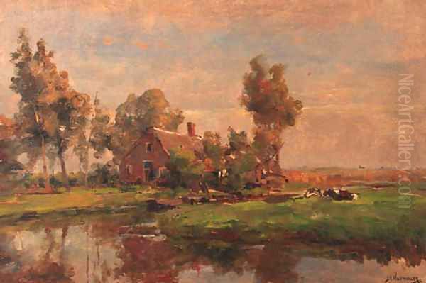 A sunlit farmyard along a canal Oil Painting by Jan Hillebrand Wijsmuller