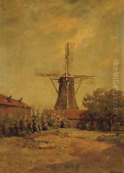 A windmill Oil Painting by Jan Hillebrand Wijsmuller