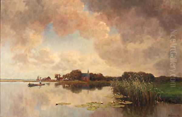 An angler in a polder landscape Oil Painting by Jan Hillebrand Wijsmuller