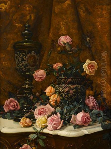 Still Life With Roses And Covered Urn On A Marble Top Table Oil Painting by Milne Ramsey